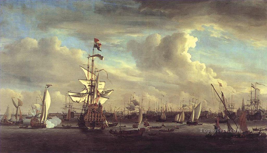 Willem van de Velde The Gouden Leeuw before Amsterdam warships sea warfare Oil Paintings